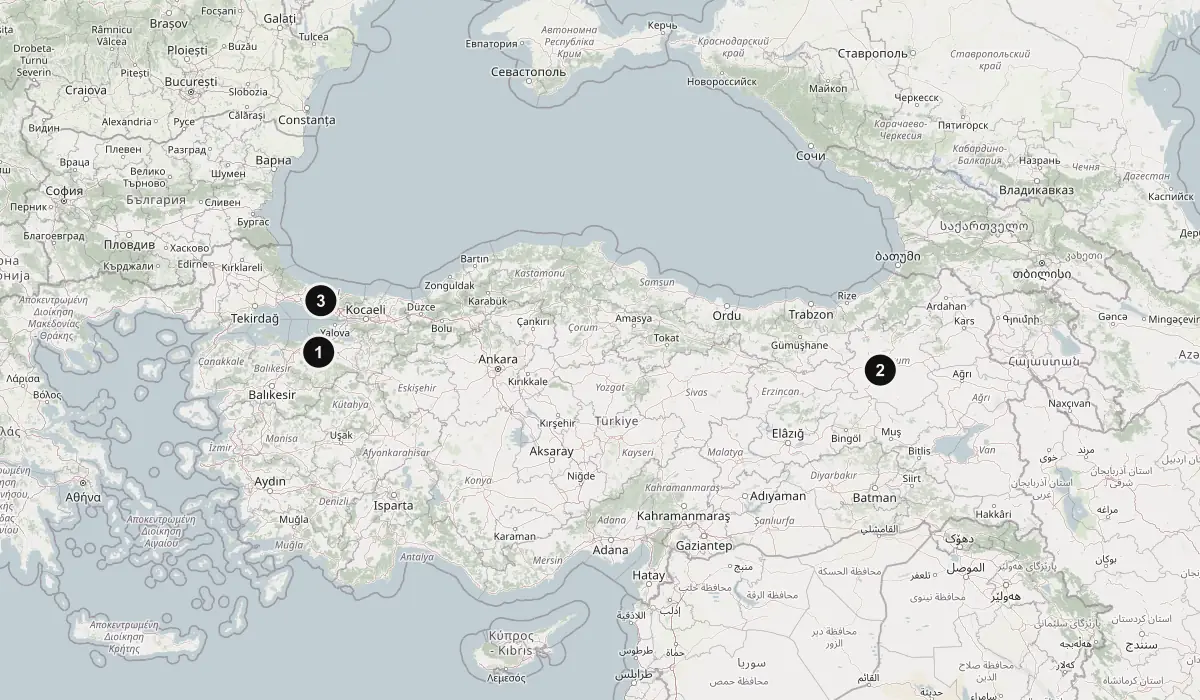 Türkiye haritasında Zarhan İnşaat ofisleri: 1 Bursa, 2 Erzurum, 3 İstanbul
